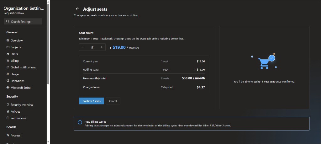 Adjust seats page with seat count and price breakdown