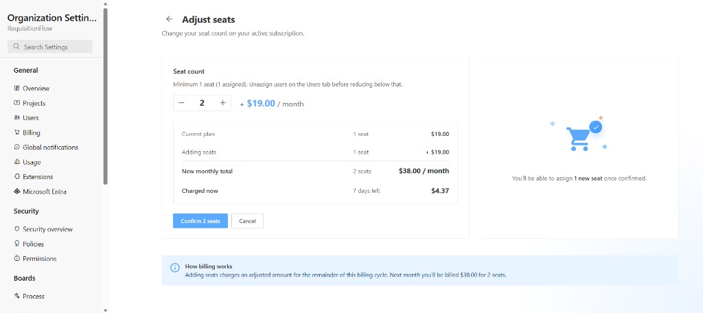Adjust seats page with seat count and price breakdown