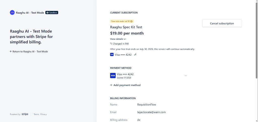 Stripe Manage Billings portal for subscription and payment method