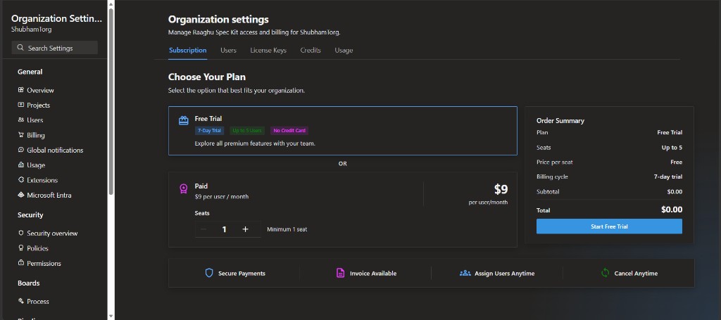 Organization Settings Subscription tab Choose Your Plan screen with Free Trial and Paid options