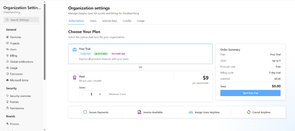 Organization Settings Subscription tab Choose Your Plan screen with Free Trial and Paid options