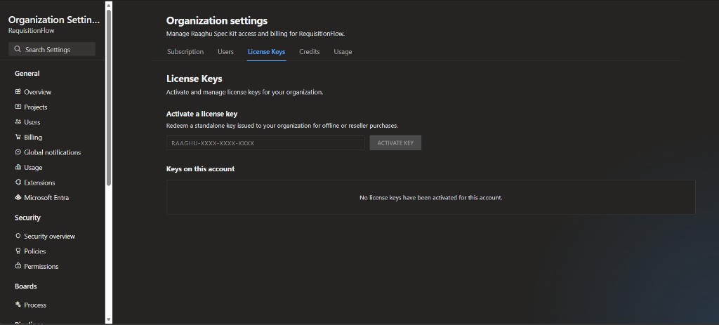 Organization Settings License Keys tab with activate key field and keys list
