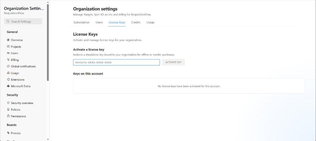 Organization Settings License Keys tab with activate key field and keys list