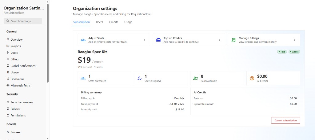 Organization Settings Subscription tab when Active, with Adjust Seats, Top up Credits, and Manage Billings