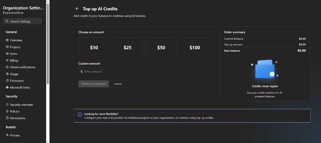 Top up AI Credits page with amount options and order summary
