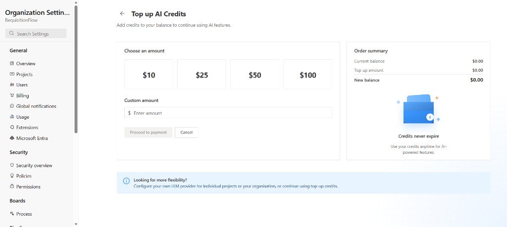 Top up AI Credits page with amount options and order summary