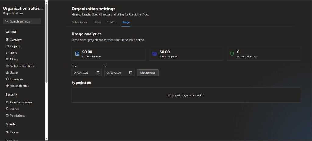 Organization Settings Usage tab with analytics and date range