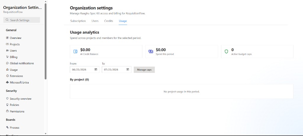 Organization Settings Usage tab with analytics and date range