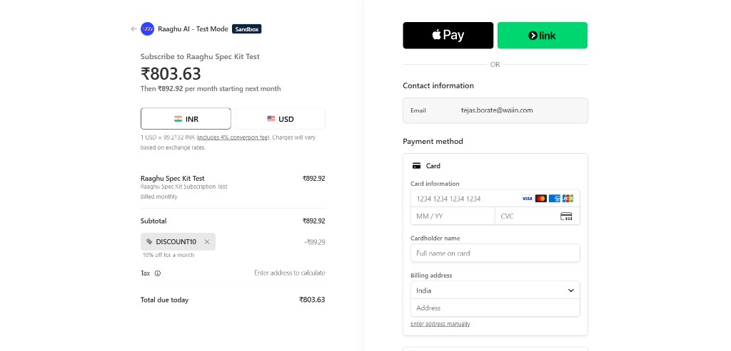 Stripe checkout with an applied promotion code shown in the order summary