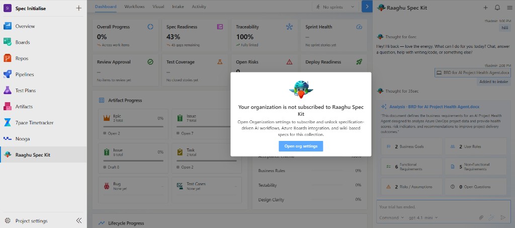 Not subscribed gate with Open org settings button