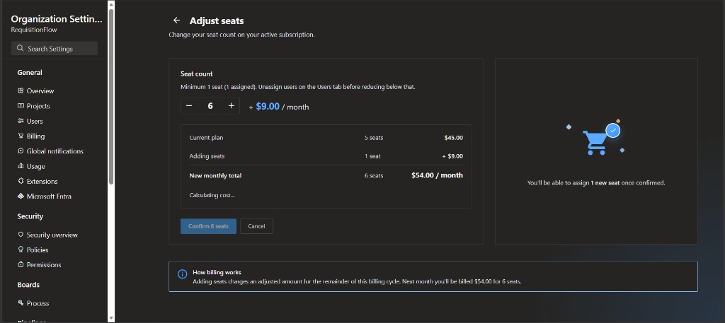 Adjust seats page with seat count and price breakdown
