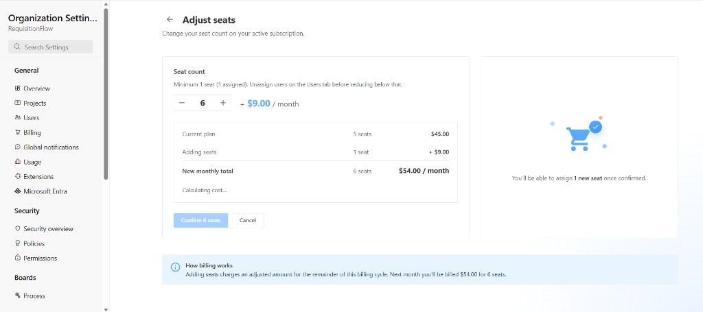 Adjust seats page with seat count and price breakdown