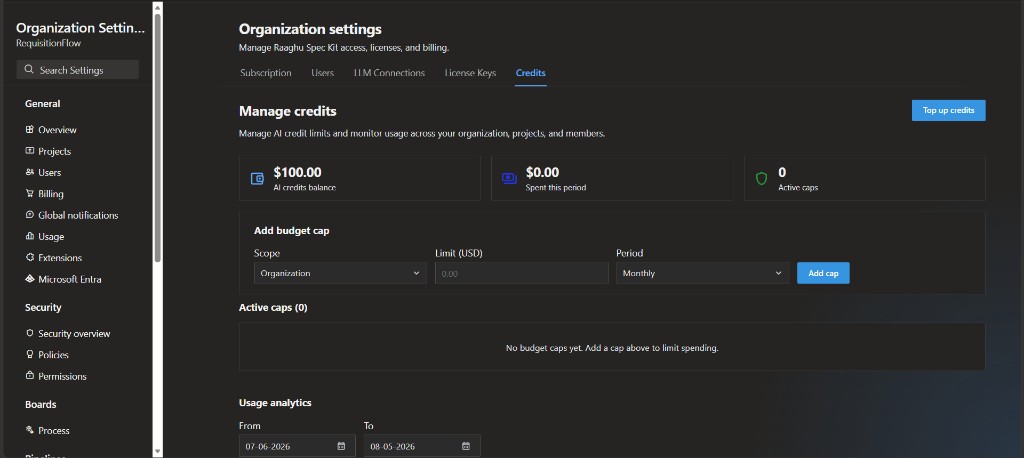 Organization Settings Credits tab with balance, spend, and Add budget cap