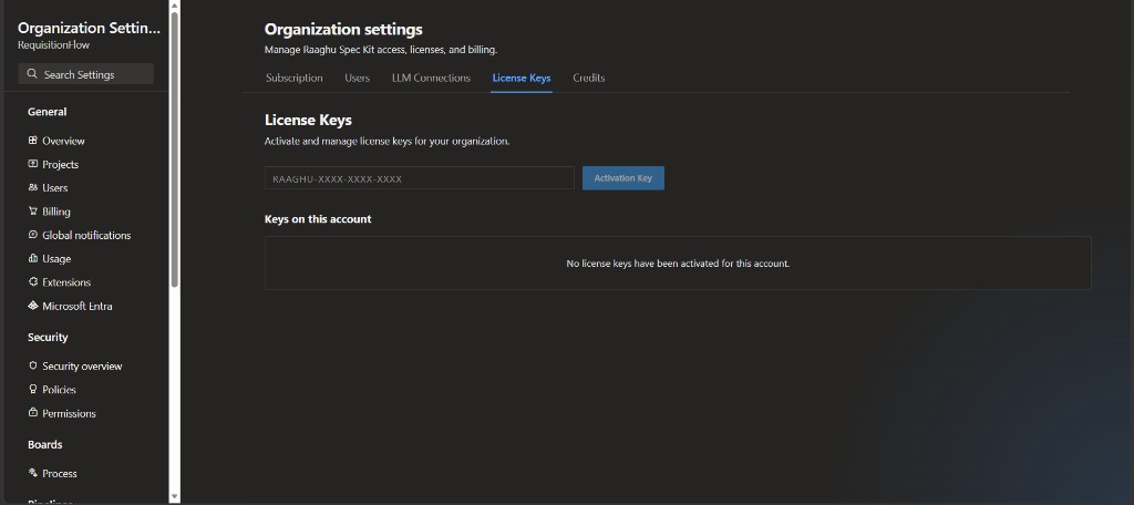 Organization Settings License Keys tab with activate key field and keys list