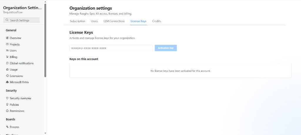 Organization Settings License Keys tab with activate key field and keys list