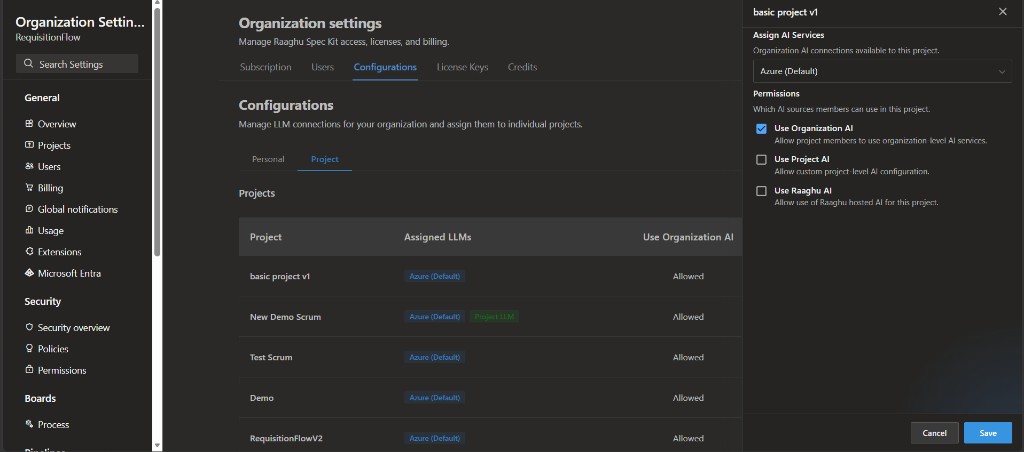 Project configuration side panel with Assign AI Services and Permissions