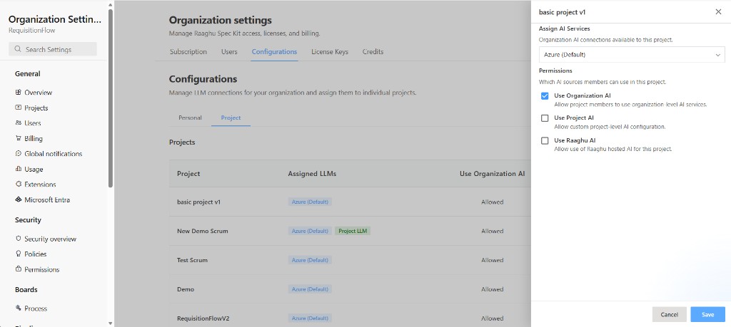 Project configuration side panel with Assign AI Services and Permissions