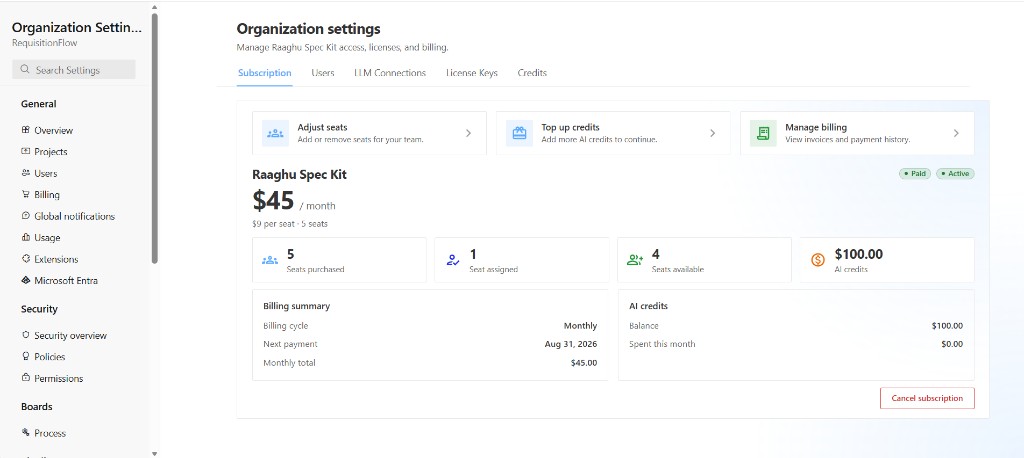 Organization Settings Subscription overview (Paid / Active) with seats, billing summary, and AI credits