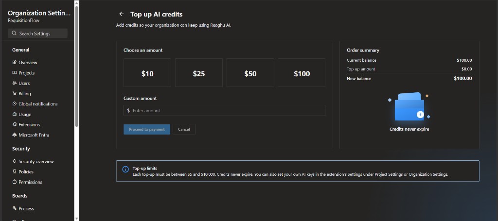 Top up AI Credits page with amount options and order summary