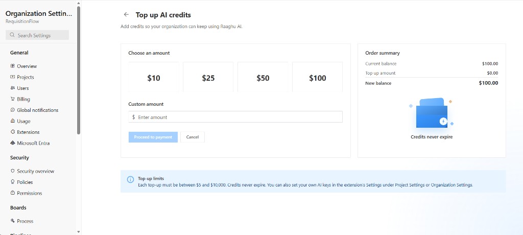 Top up AI Credits page with amount options and order summary