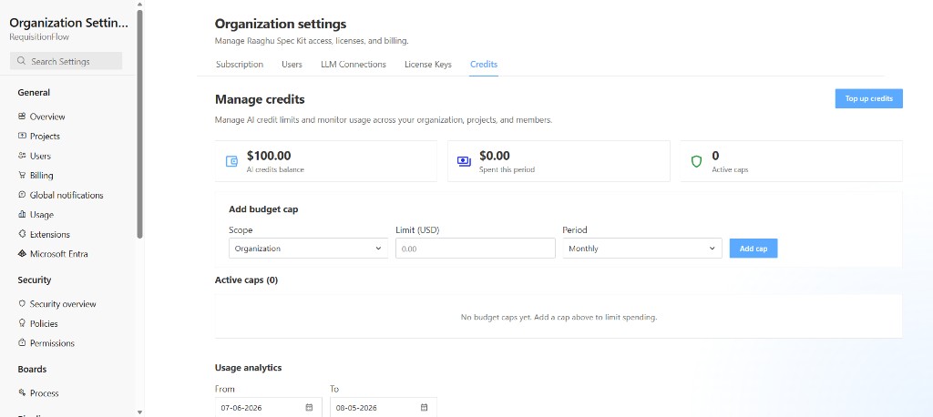 Organization Settings Credits tab usage analytics with date range and By project