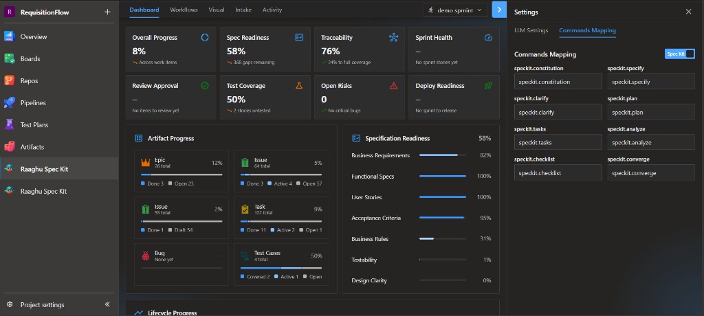 Settings Commands Mapping tab with Spec Kit toggle and command fields