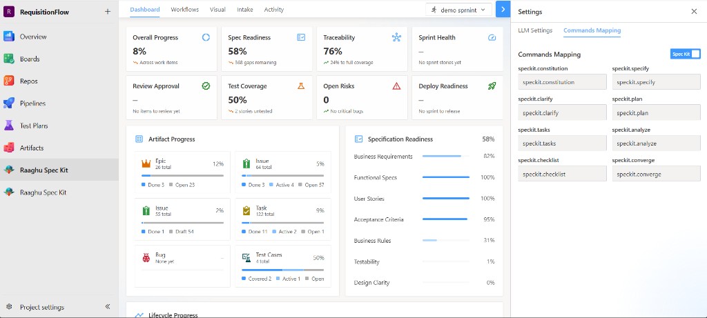 Settings Commands Mapping tab with Spec Kit toggle and command fields