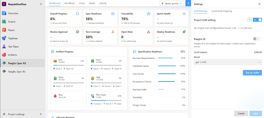 Settings LLM Settings tab with Project LLM and Raaghu AI