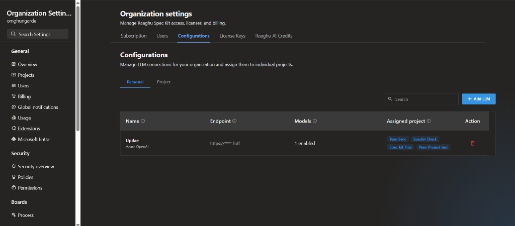 Organization Settings Configurations Personal sub-tab with connections table and Add LLM