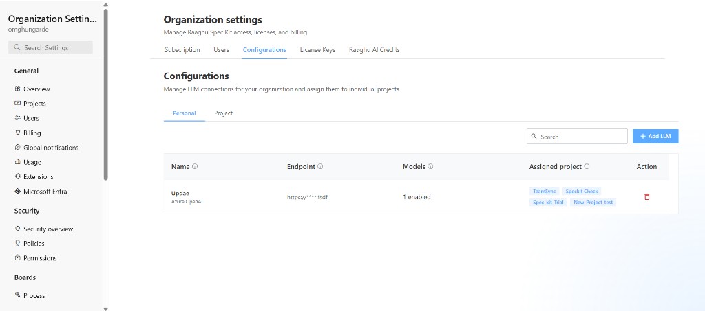 Organization Settings Configurations Personal sub-tab with connections table and Add LLM