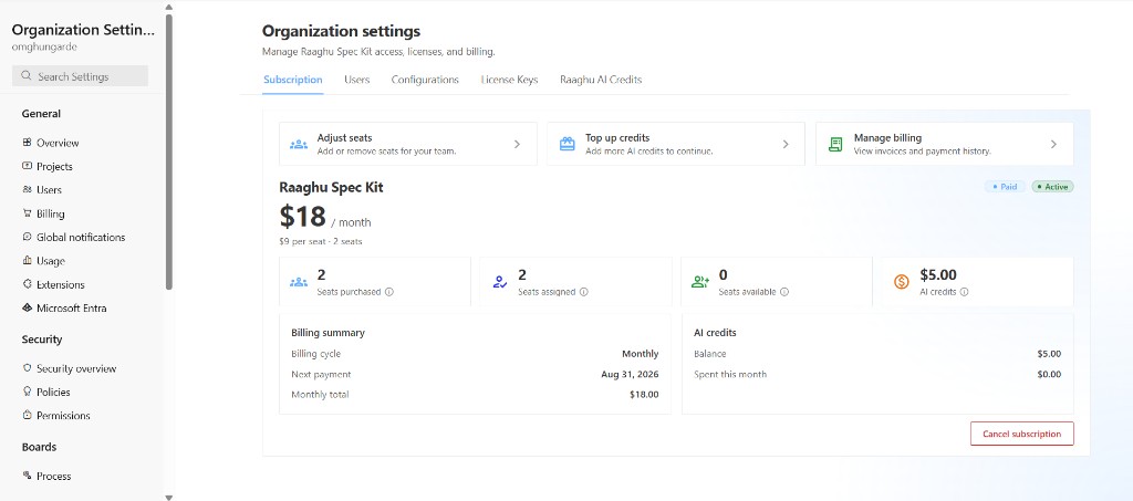 Organization Settings Subscription overview (Paid / Active) with seats, billing summary, and AI credits