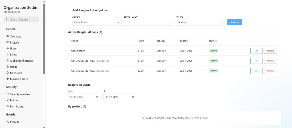 Organization Settings Raaghu AI Credits usage analytics with date range and By project