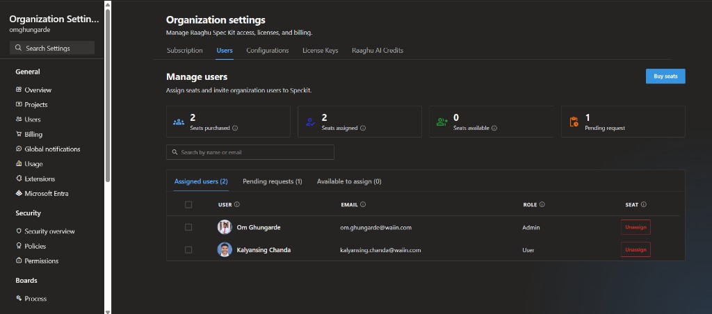 Organization Settings Users tab Manage users with seat stats and Assigned users