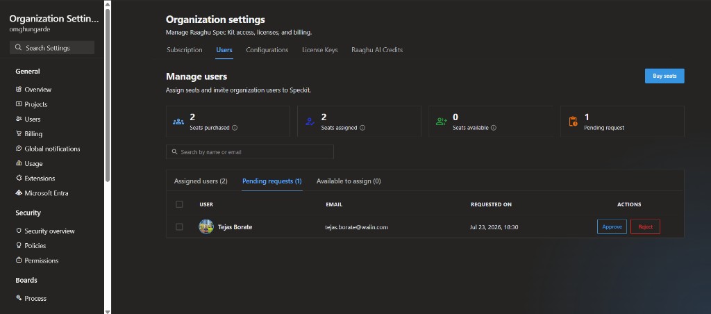 Organization Settings Users Pending requests with Approve and Reject