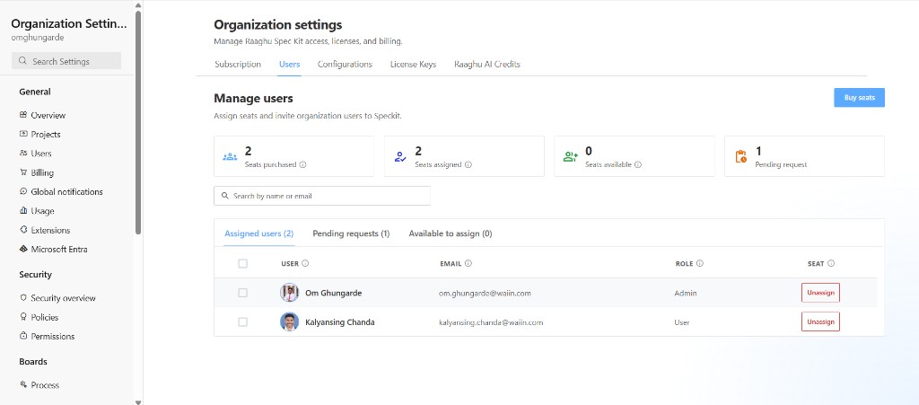 Organization Settings Users tab Manage users with seat stats and Assigned users