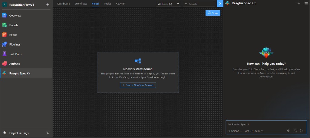Visual tab No work items found with Start a New Spec Session