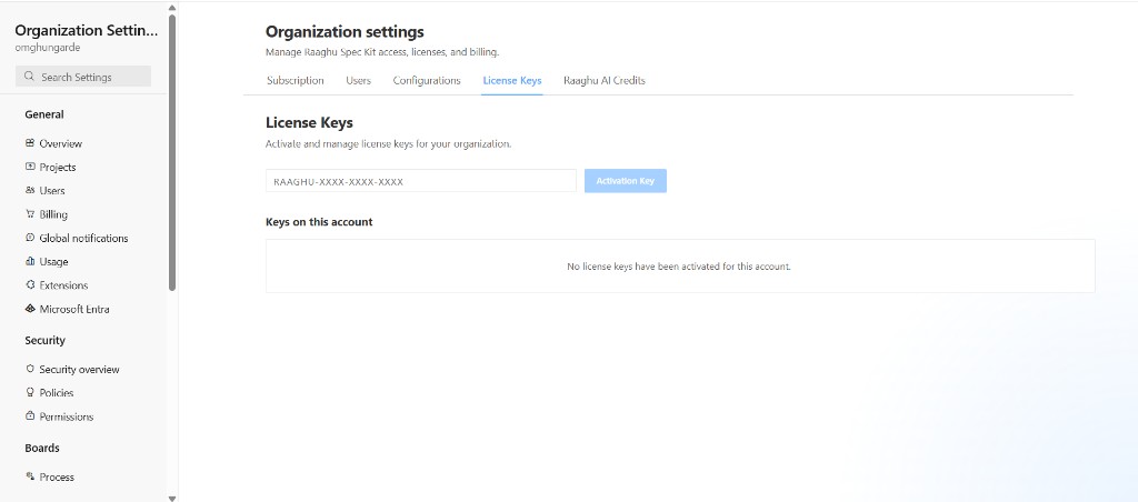 Organization Settings License Keys tab with Activation Key field and keys list