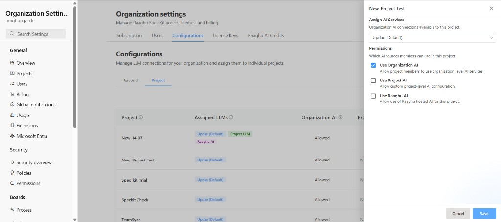 Project configuration side panel with Assign AI Services and Permissions