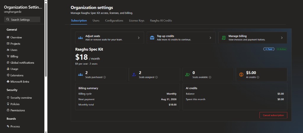 Organization Settings Subscription overview (Paid / Active) with seats, billing summary, and AI credits