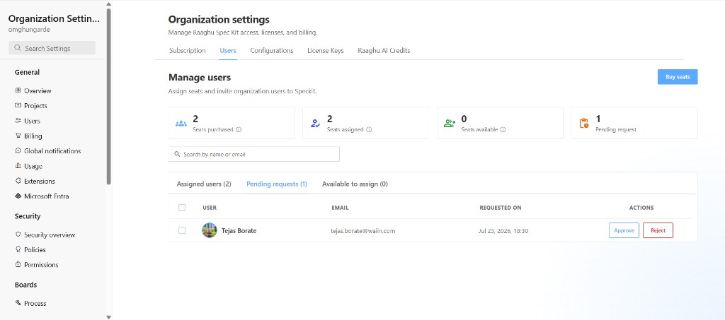 Organization Settings Users Pending requests with Approve and Reject