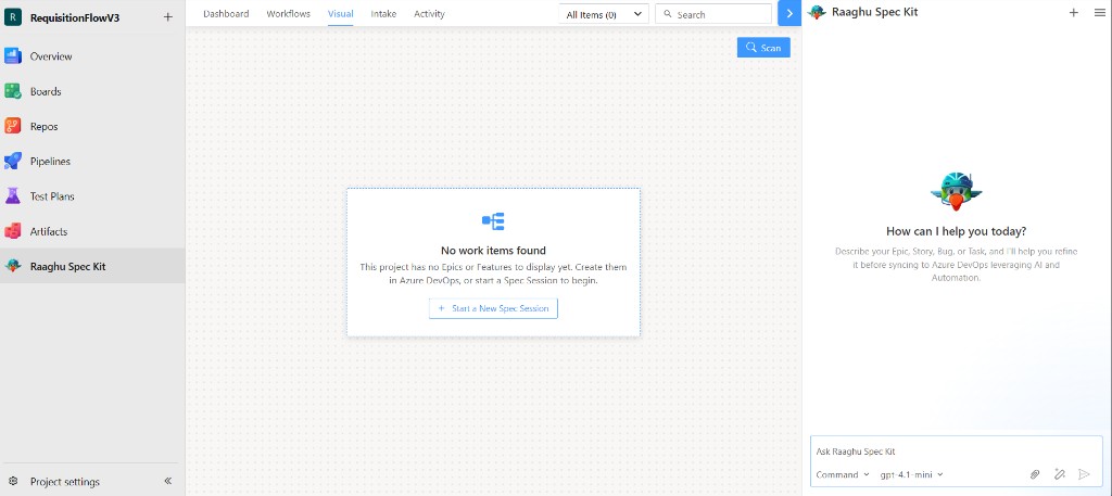 Visual tab No work items found with Start a New Spec Session