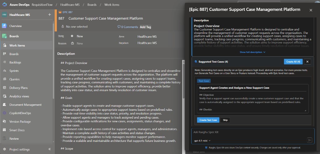 Suggested test cases panel with create and skip actions