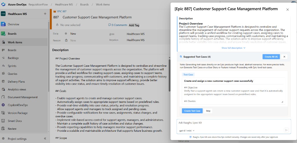Suggested test cases panel with create and skip actions