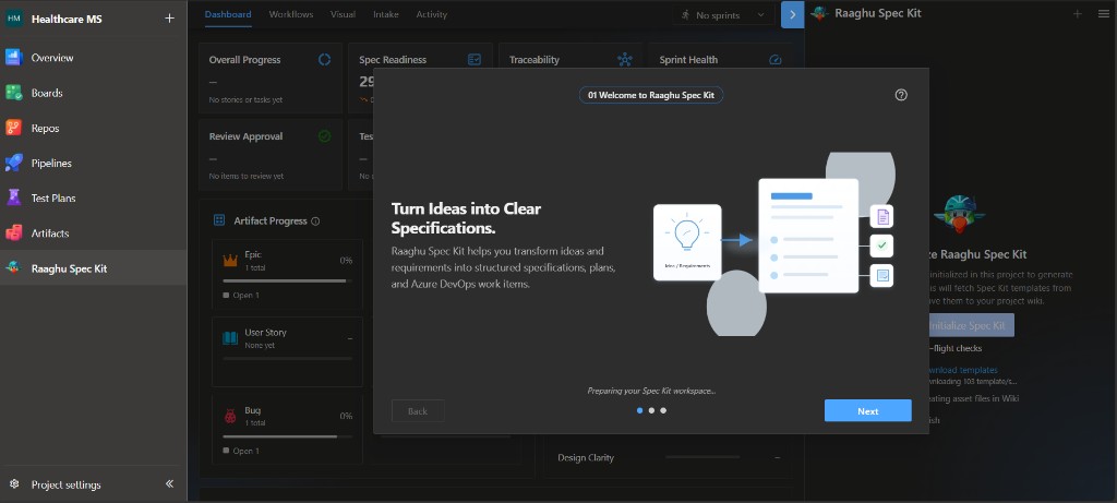 Hub splash Welcome card during Spec Kit initialization