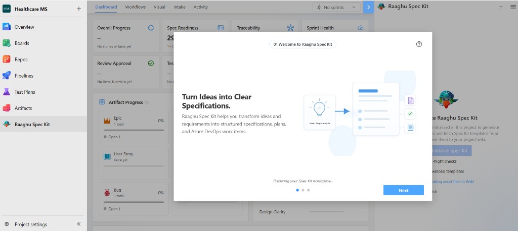 Hub splash Welcome card during Spec Kit initialization