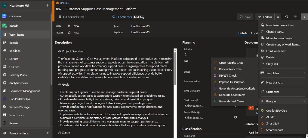 Azure Boards Context Menu showing the Raaghu submenu