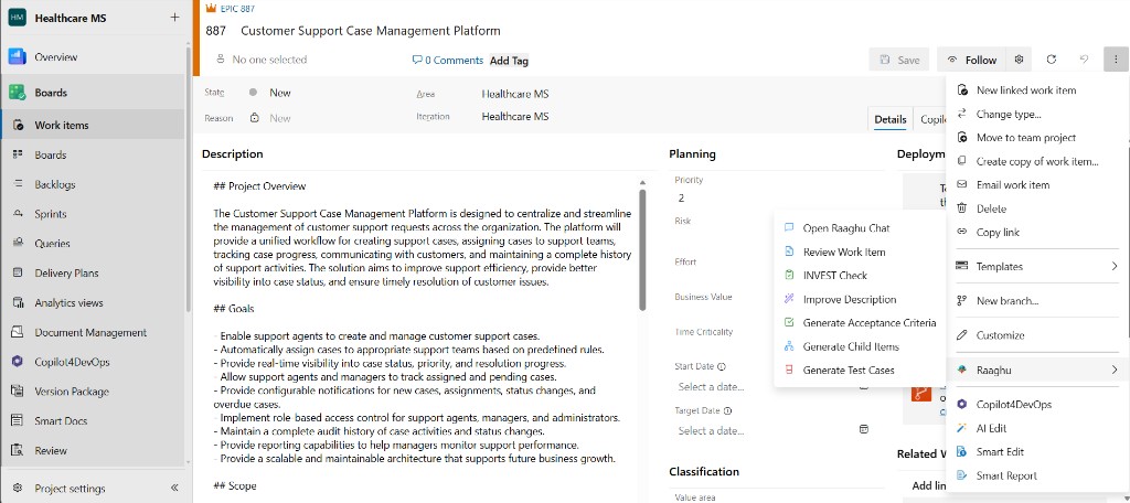 Azure Boards Context Menu showing the Raaghu submenu