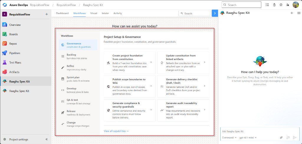 Workflows tab showing Governance commands