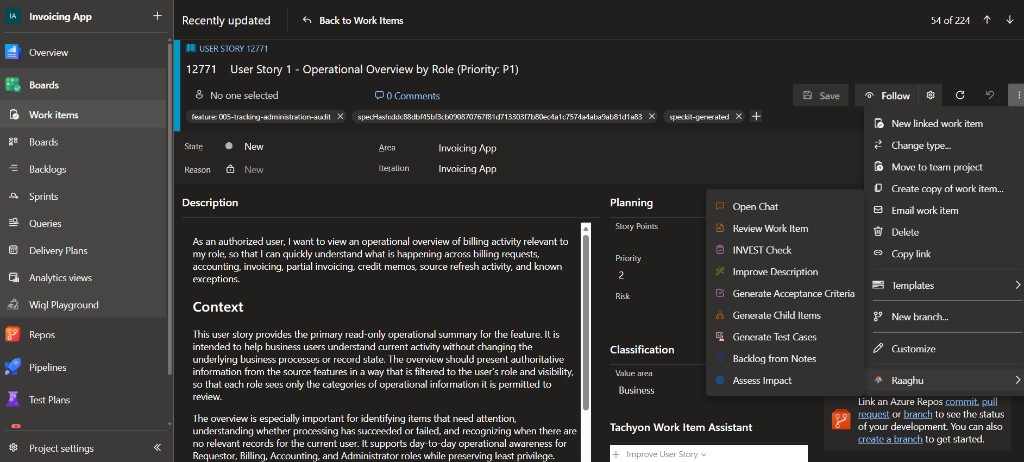 Azure Boards Context Menu showing the Raaghu submenu