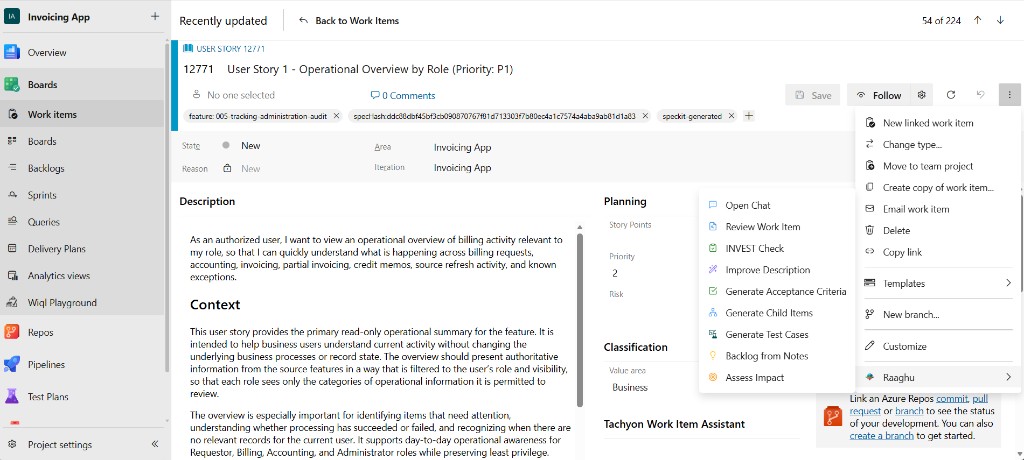 Azure Boards Context Menu showing the Raaghu submenu